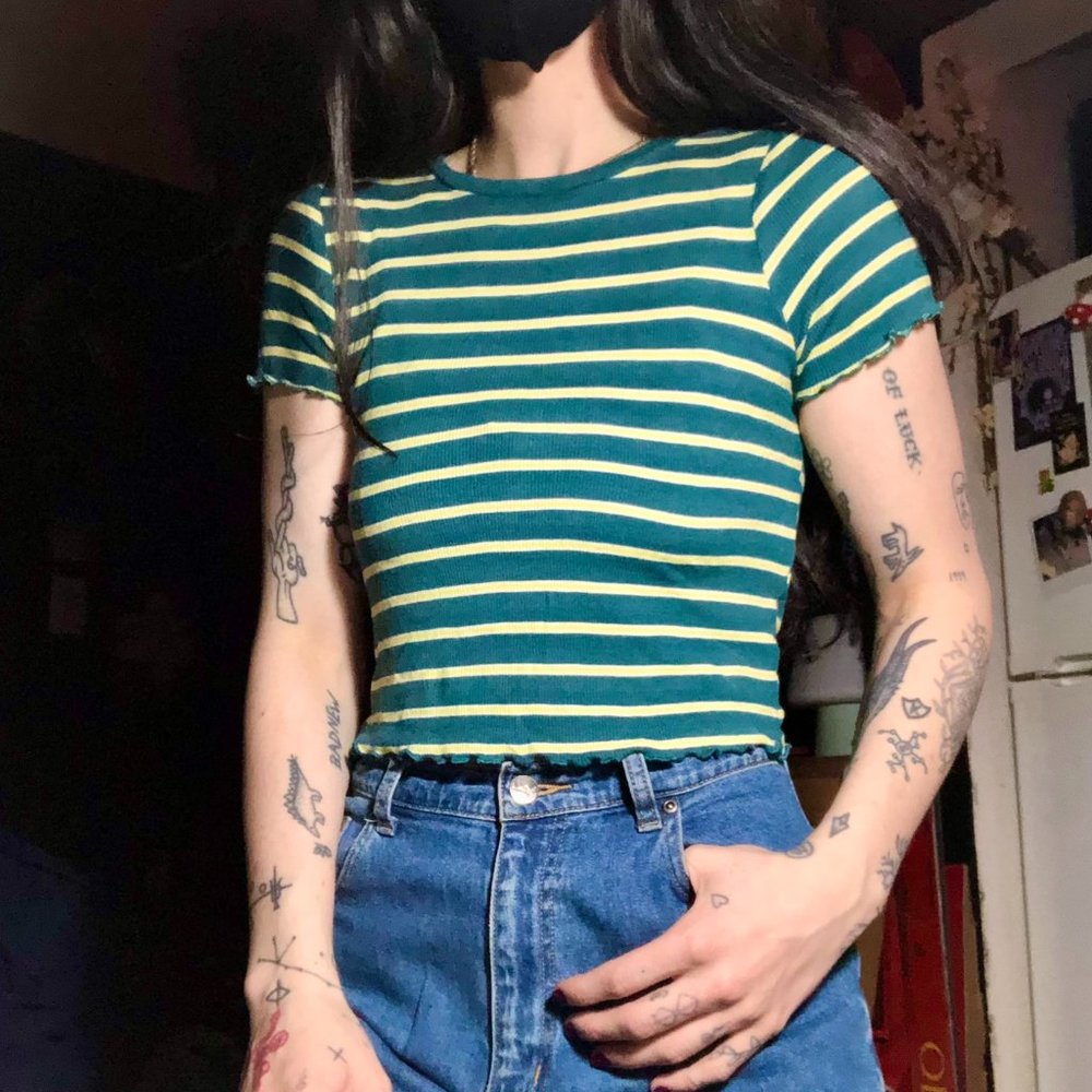 Wild Fable Women's Stripe Crop Top - Size XS - Green Yellow Stripe